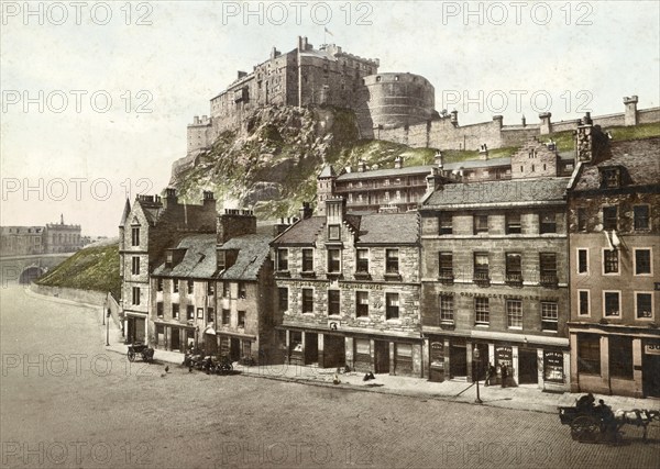 Edinburgh Castle, from Grassmarket, Scotland, c. 1890, Historic, digitally restored reproduction
