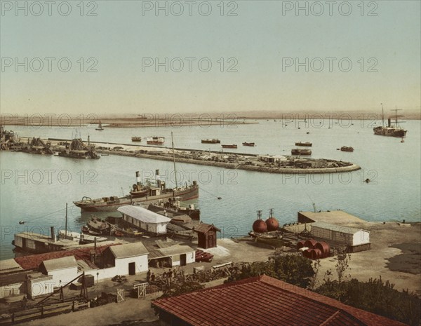 Port Tewfic, Entrance to the Suez Canal, Egypt, Historical, digitally restored reproduction from a
