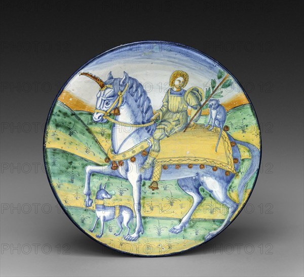 Plate, Man riding a unicorn, circa 1510, circle by Jacopo Caffagiolo Italy . Tin-glazed