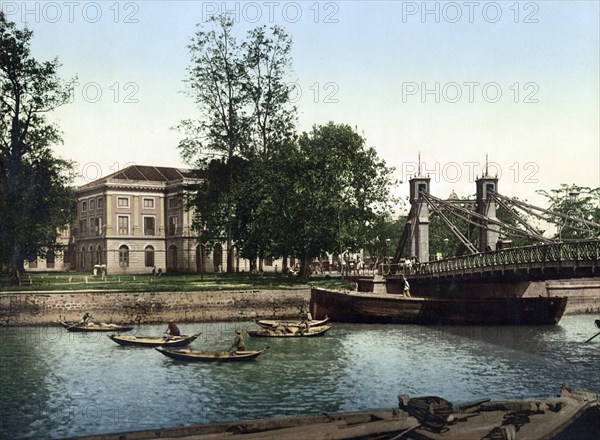 Singapore, Cavenagh Bridge with Stamp Office, Historic, digitally restored reproduction from a 19th
