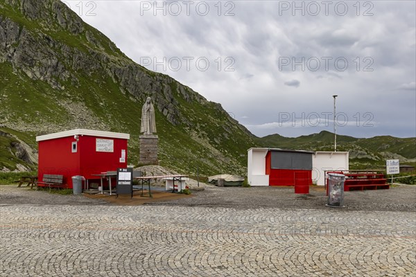 Gotthard Pass, pass summit with closed snack bar. Mountain scenery and landscape near Airolo,