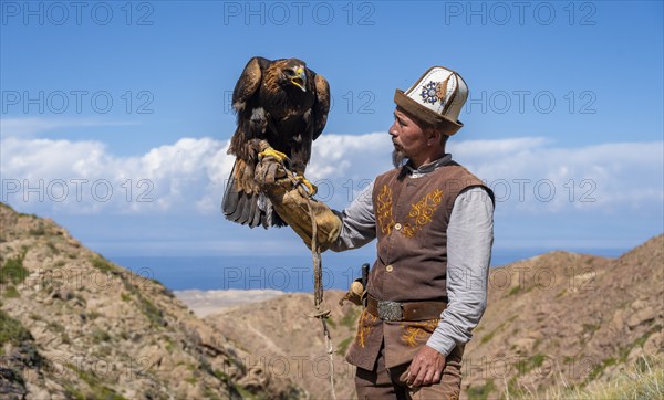 Traditional Kyrgyz eagle hunter with eagle in the mountains, near Kysyl-Suu, Kyrgyzstan, Asia