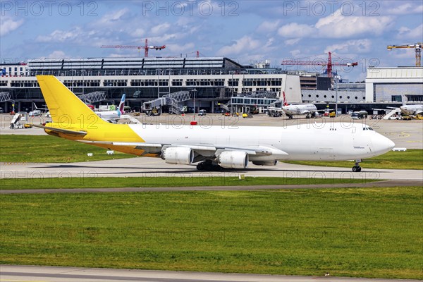 An Atlas Air Boeing 747-8F aircraft with the registration number N852GT at Stuttgart Airport,