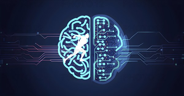 Abstract brain split into two halves, one side athletic motion, the other side neural network,