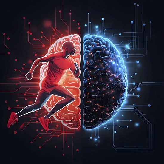 Abstract brain split into two halves, one side athletic motion, the other side neural network,