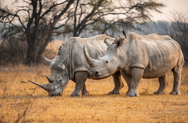 Southern white rhinoceros (Ceratotherium simum simum), two rhinos in the evening light, Khama Rhino