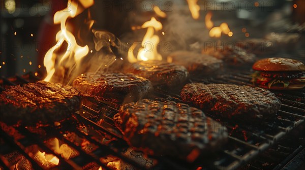 Several beef steaks sizzling on the BBQ. generative AI, AI generated