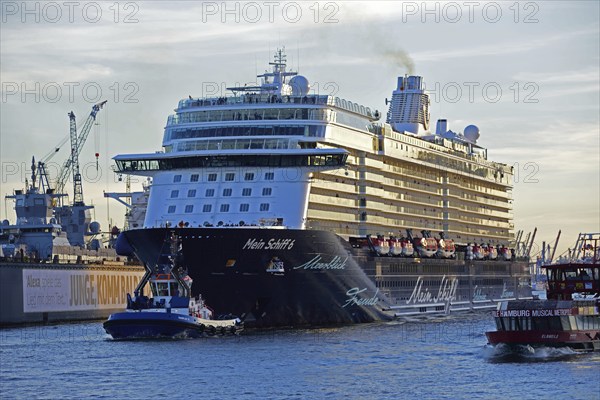 Europe, Germany, Hamburg, Elbe, passenger ship, Mein Schiff 6, arriving, left floating dock,