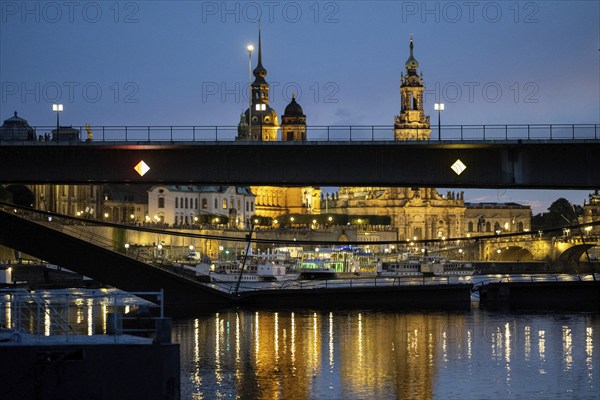 Partial collapse of the Carola Bridge in Dresden with the Church of Our Lady and Semperoper in the