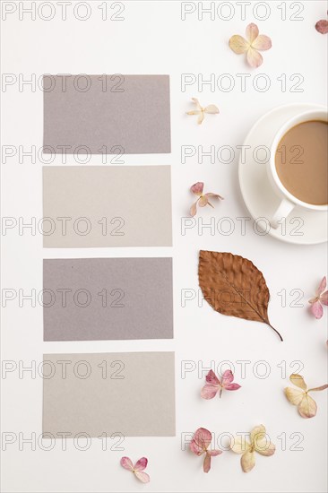 Composition with gray paper business card, brown beech autumn leaves, hydrangea flowers and cup of