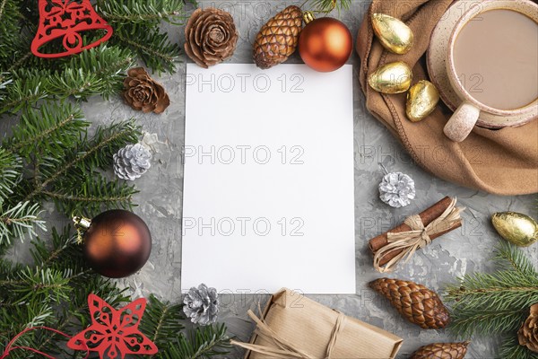 Christmas or New Year frame composition, template. Decorations, cones, cinnamon, fir and spruce
