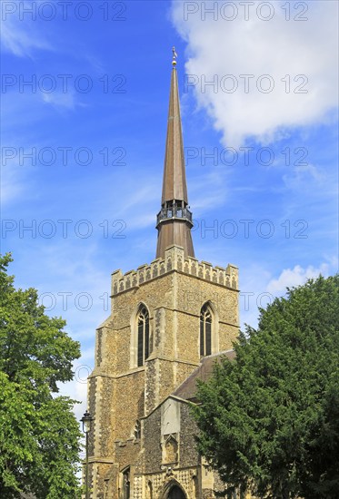 Elegant spire St Peter and St Mary church in town centre, Stowmarket, Suffolk, England, UK
