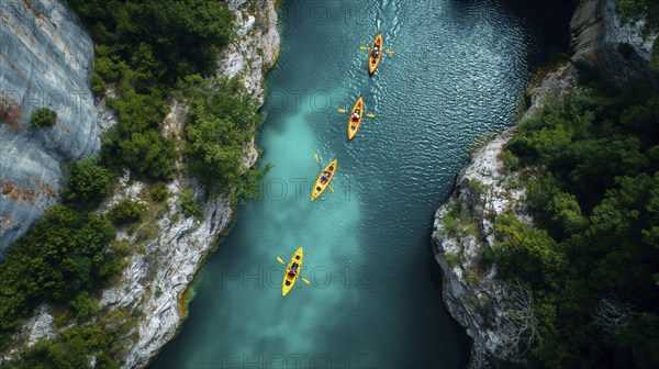 Aerial view of kayakers paddling along a beautiful mountain river. generative AI, AI generated