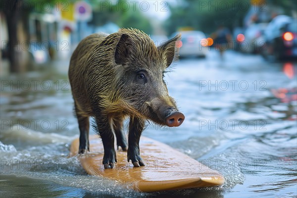 Climate change, city being flooded with heavy rains and torrents, AI generated