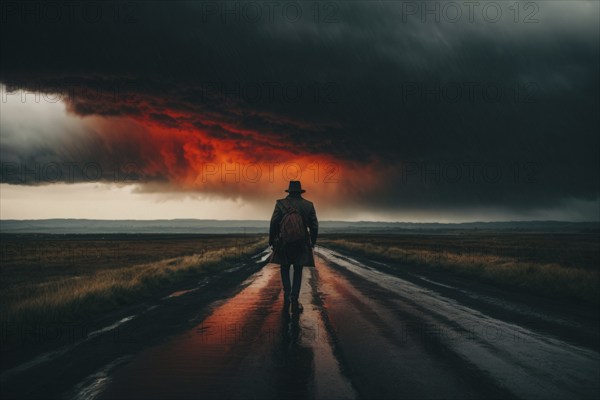 A man is walking down a road in the rain. The sky is dark and cloudy, and the man is wearing a red