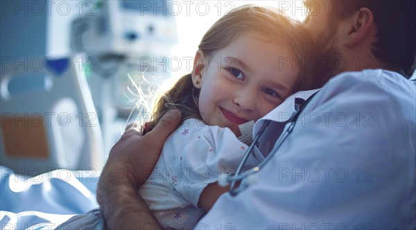 Doctor hugging little girl in hospital room. Smiling young girl being held by a doctor, AI