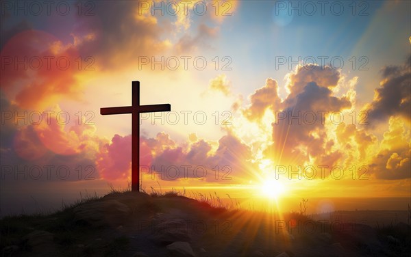 Easter concept cross on Golgotha Calvary hill against a dramatic sunset, AI generated