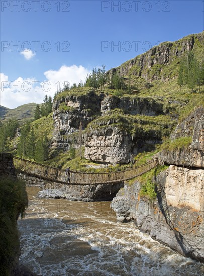 Inca rope bridge or suspension bridge Q'eswachaka over the Río Apurímac, Canas province, Peru,