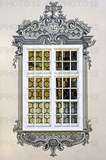 Air painting with Bavarian diamond pattern around window, Holy Cross Monastery, Old Town,