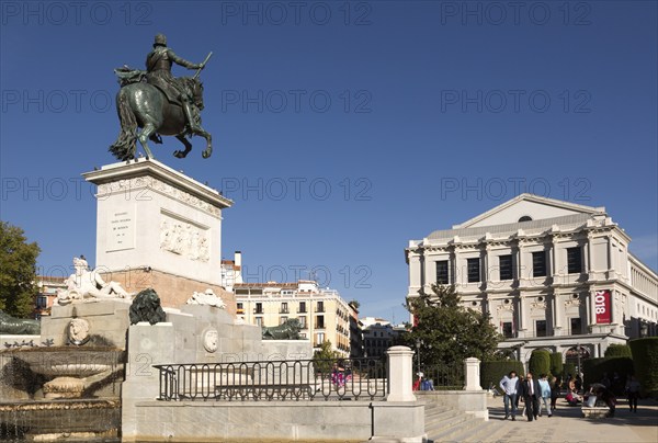 Opera House theatre, Plaza de Oriente equestrian statue King Felipe IV designed by Velazquez,