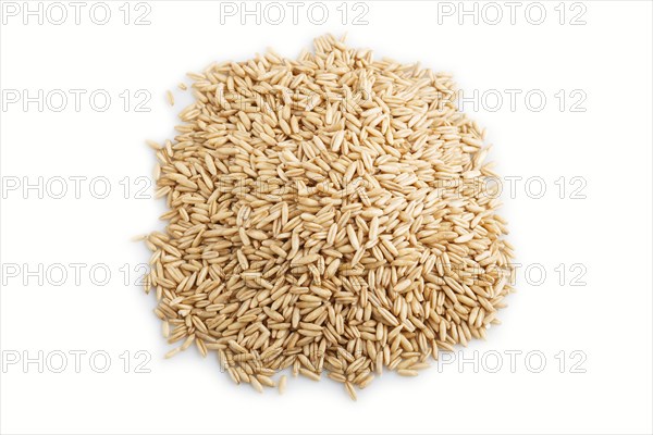 Heap of oats grains isolated on white background. close up, top view