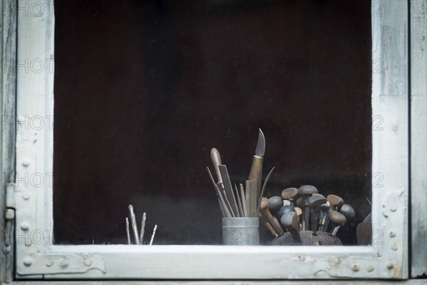 Window with carving tool, tool, workshop, old, traditional, tradition, craft, carving, wood,