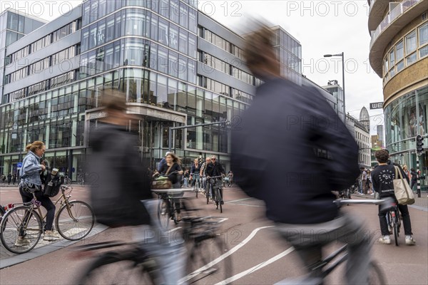 Central cycle path on the Lange Viestraat, in the centre of Utrecht, lanes for pedestrians,