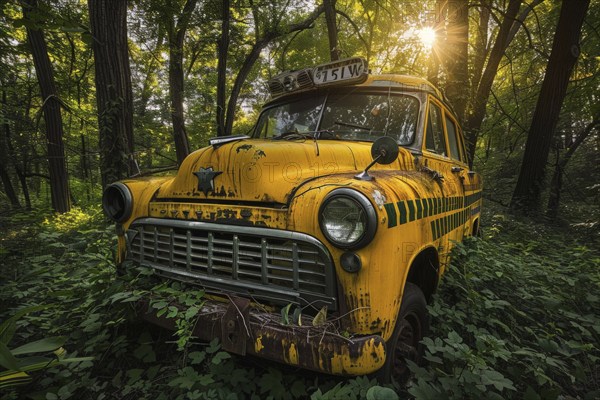 An old, weathered and dusty US-American vintage taxi car, wreck, of the Chevrolet type from the