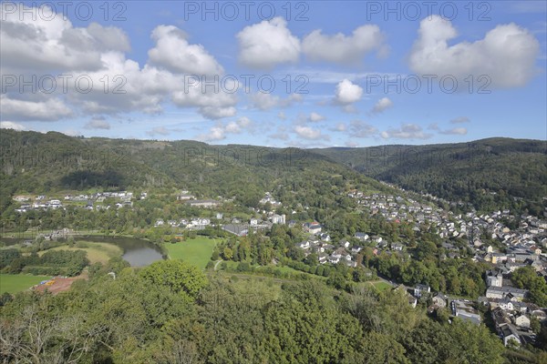 View from Nassau Castle to cityscape with Lahn valley and Westerwald, view down, aerial view, Lahn,