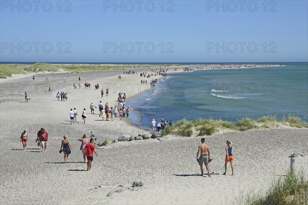 Ttourists walking at the northern tip of Denmark where the Baltic Sea and North Sea meet at Skagen