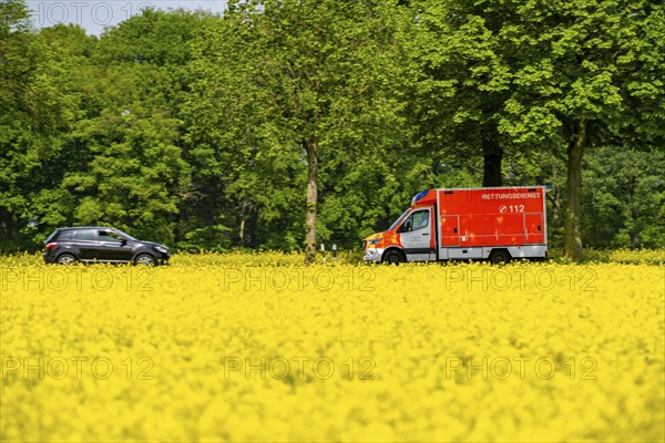 Landscape on the Lower Rhine, ambulance on the B57 federal road between Xanten and Kalkar, road