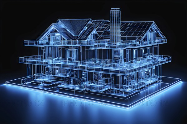 Hologram blue modern house on table, ai generated, AI generated