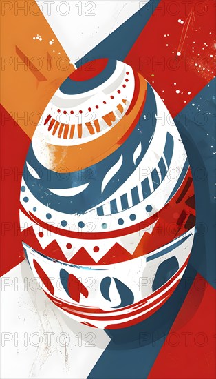 Illustration of an abstract Easter egg design with geometric patterns, bold colors, and a mix of