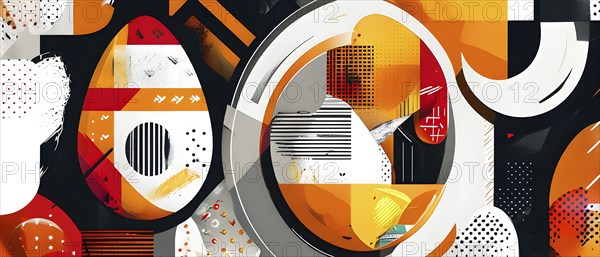 Illustration of an abstract Easter egg design with geometric patterns, bold colors, and a mix of
