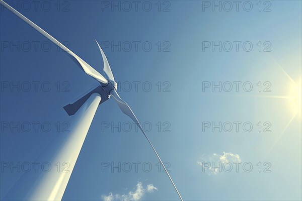 View of wind mill turbine in front of blue sky from the ground. Generative Ai, AI generated