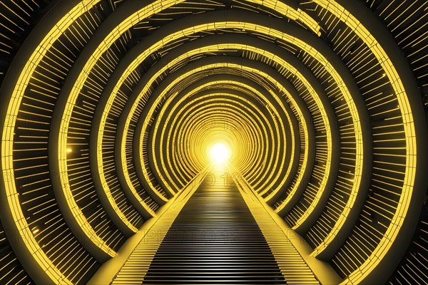 Abstract geometric pattern tunnel structure embodying data streams and communication in yellow