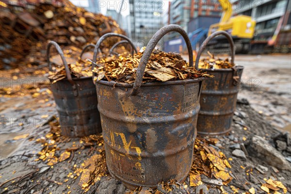 Scrap metal, in barrels in a scrap yard, recycling plant for metal utilisation, AI generated, AI