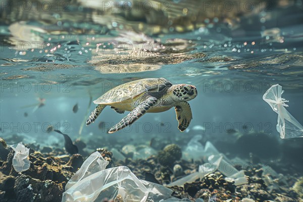A sea turtle, hawksbill turtle dives among plastic waste, symbolic image for endangered species,
