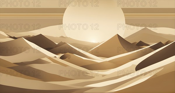 Abstract desert scene with triangular sand dunes and a single circular sun, using sharp lines and