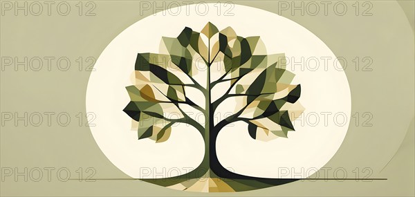 Abstract geometric tree with a circular canopy and a rectangular trunk, arranged in a clean,