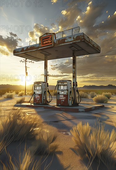 Abandoned retro gas station in the middle of a desert at sundown, with rusted gas pumps and an old