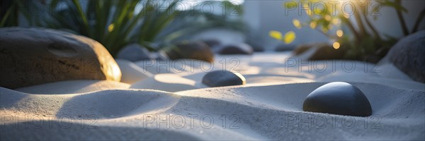 Zen garden bathed in the soft glow of dawn as a serene symbol for relaxation, AI generated