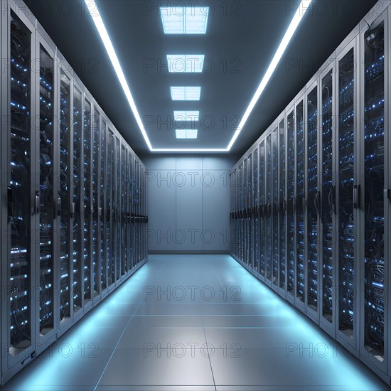 Modern server room teeming with racks of servers, AI generated