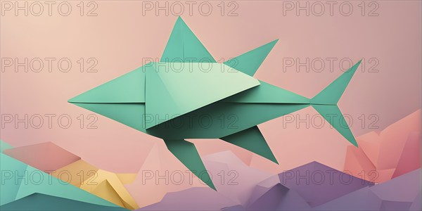Abstract origami fish wallpaper illustration, AI generated