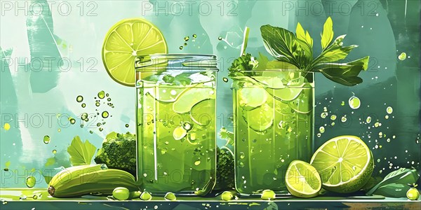 Abstract wallpaper composition with bottle of delicious green detox juice and fruits and