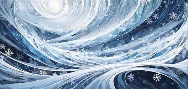 Abstract illustration of dreamy, icy landscape with swirling blues, whites, and silvers, evoking