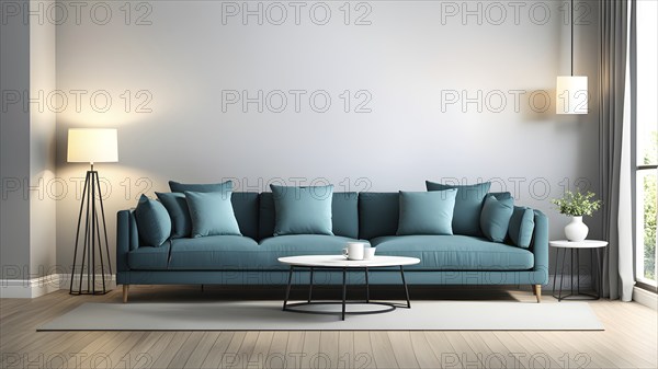 3d rendering of a couch with cushions and a floor lamp, AI generated