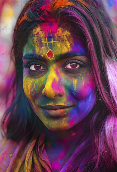 Indian woman colored face portrait during Holi Hindu festival, AI generated
