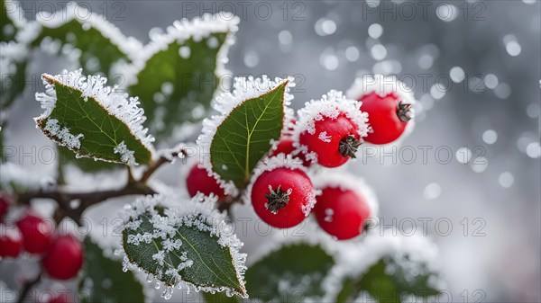 Frosty holly branch with vibrant red berries covered in delicate ice crystals, symbol for upcoming