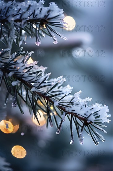 Detailed shot of frosted pine branches with twinkling fairy lights and icicles hanging, creating a